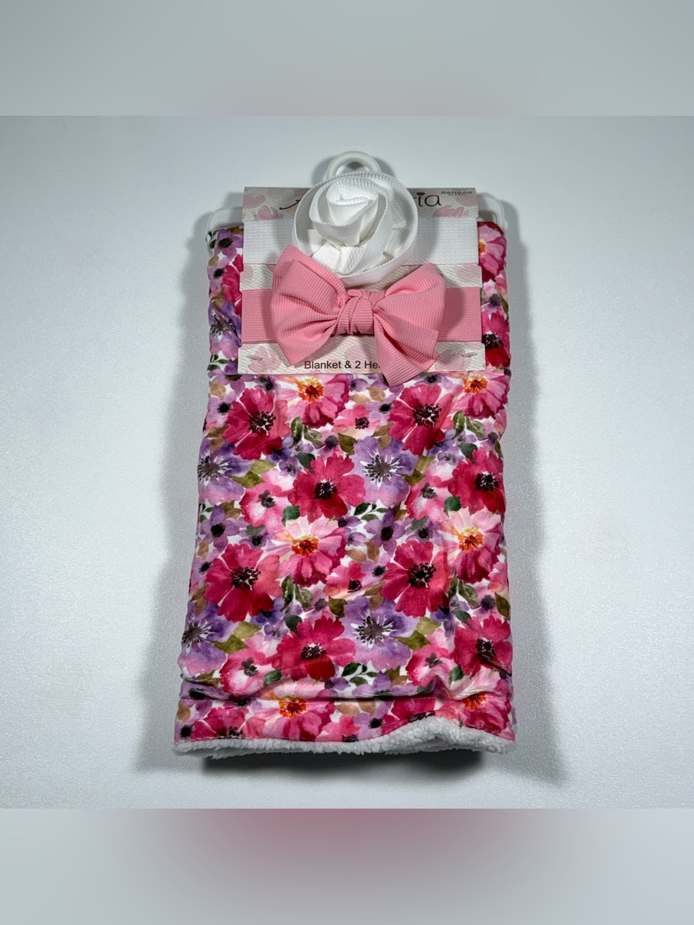 Ava Olivia Baby Blanket 30x40 Floral Pink 2 Headband Set Bow Flower New With Tag